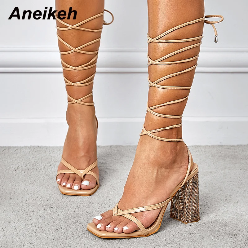 

Aneikeh Fashion New Women's Sandals 2022 Open Head Square Heel Rhinestones Bordered Ankle Strap Cross-Tied Pinch Toe Dress Shoes