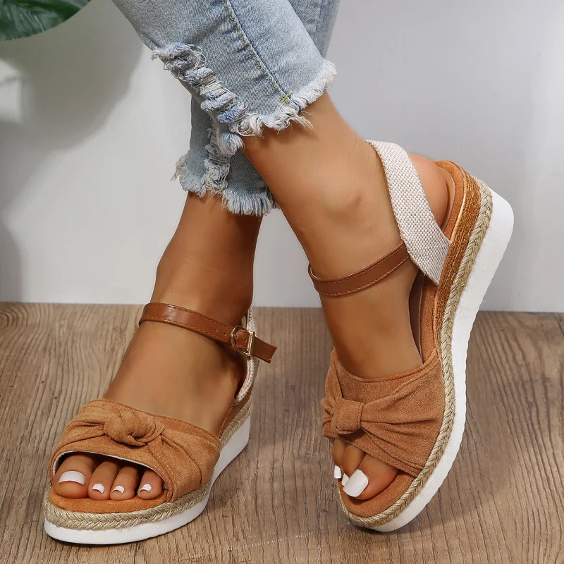 

2023 Summer Ladies Wedge Sandals Fashion Flock Thick Sole Roman Sandals Women Buckle Strap Casual Platform Sandalias Woman