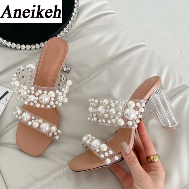 

Aneikeh 2024 Fashion Mules Transparent PVC String Bead Shoes Women Summer Slippers Crystal Perspex Heels Slides Beach Sandale