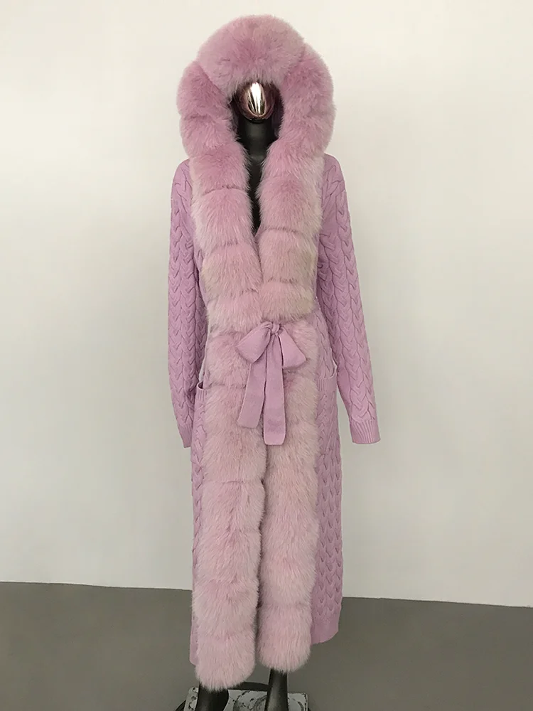 Кардиган женский вязаный со съемным натуральным лисьим мехом на шнуровке