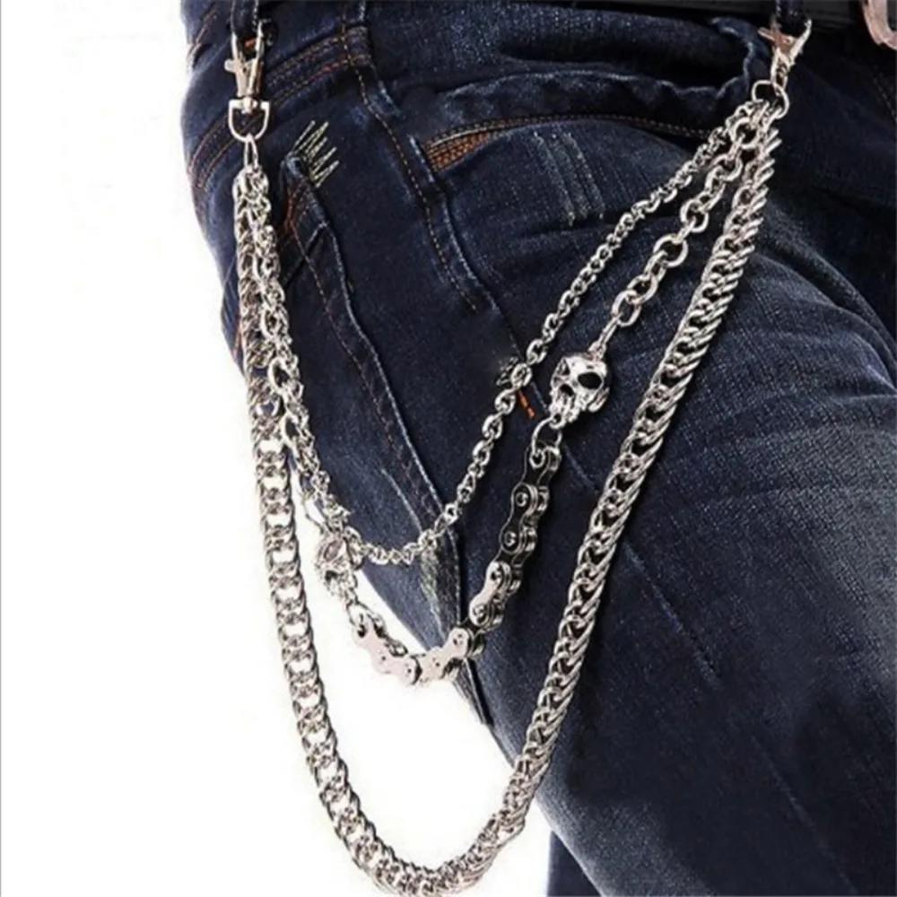 Adjustable HipHop Gothic Jeans Pants Heavy Duty Waist Hook 3 Layer Punk Skull Keychains Wallet Chain Link Coil