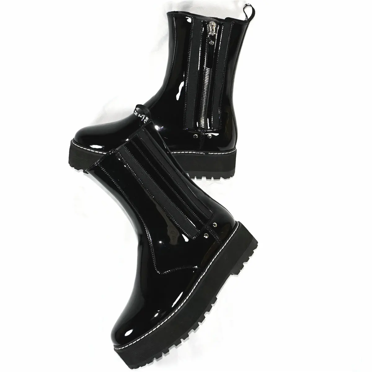 Flat With Med Heels Creepers Women Black Patent Leather Platform Pumps Female High Top Round Toe Fashion Sneakers Casual Shoes