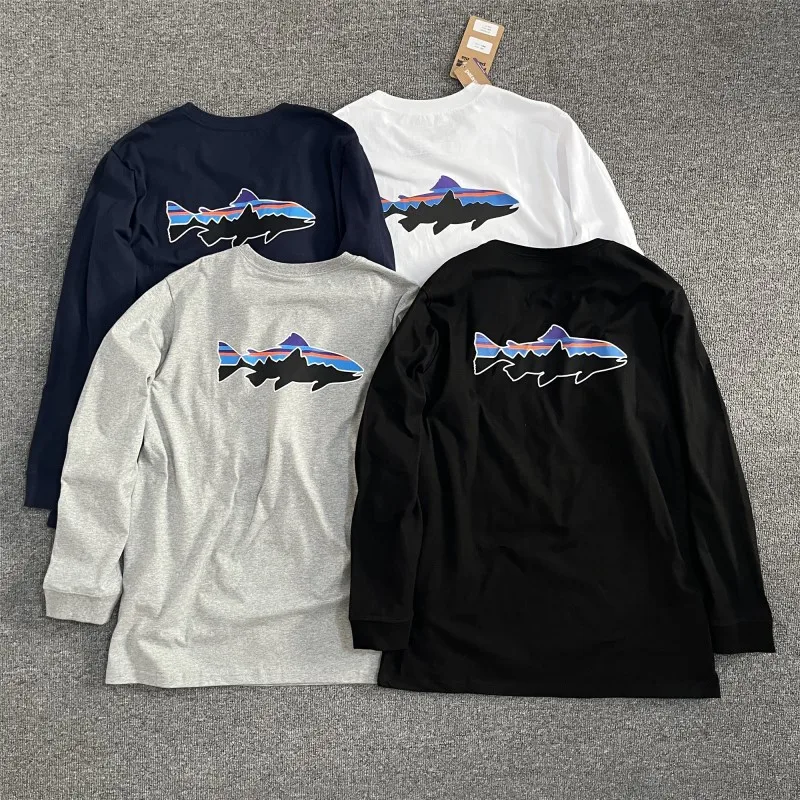 

American Style Pata Cotton Shark Print Loose Long Sleeve T-shirt Bottoming Shirt Thin round Neck