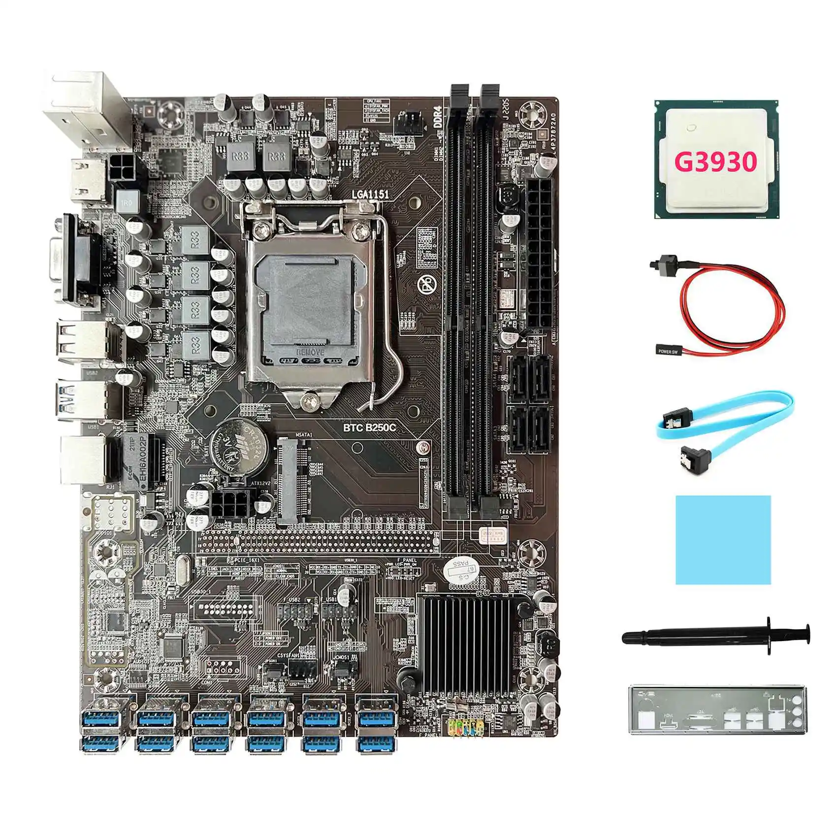 

B250C ETH Miner Motherboard+G3930 CPU+Baffle+SATA Cable+Switch Cable+Thermal Grease+Thermal Pad LGA1151 12USB GPU Slot