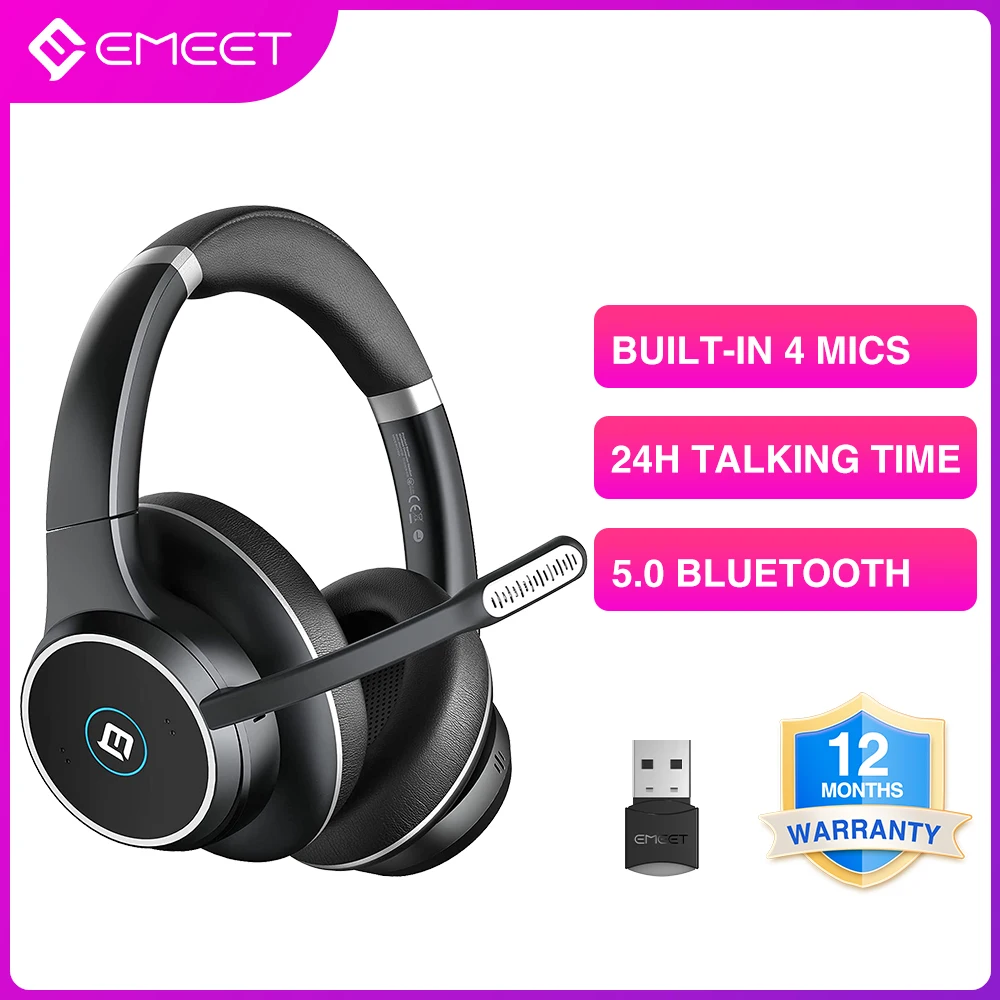 Bluetooth Headset ENC with Microphone EMEET PC Headphone Dual-Bluetooth/Dongle/USB Connection for PC/Mac/Cell Phone