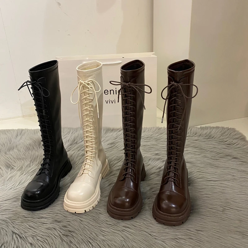 

Winter Boots Lady Sexy Thigh High Heels High Sexy Shoes Round Toe Lace Up Boots-Women 2022 Over-the-Knee Lolita Autumn Med White