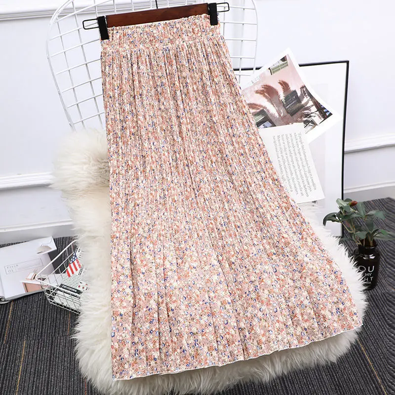 

Women 2022 Spring Summer Vintage Floral Print Skirt Female High Waist Loose Pleated Chiffon Skirt Ladies Casual Chic Skirt L38
