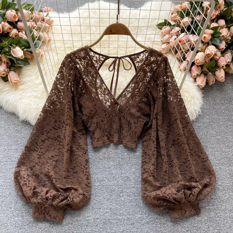 

Autumn Black/White/Brown Sexy Lace Blouse Women Elegant V-Neck Puff Long Sleeve Open Back Short Tops Female Party Blusas 2021