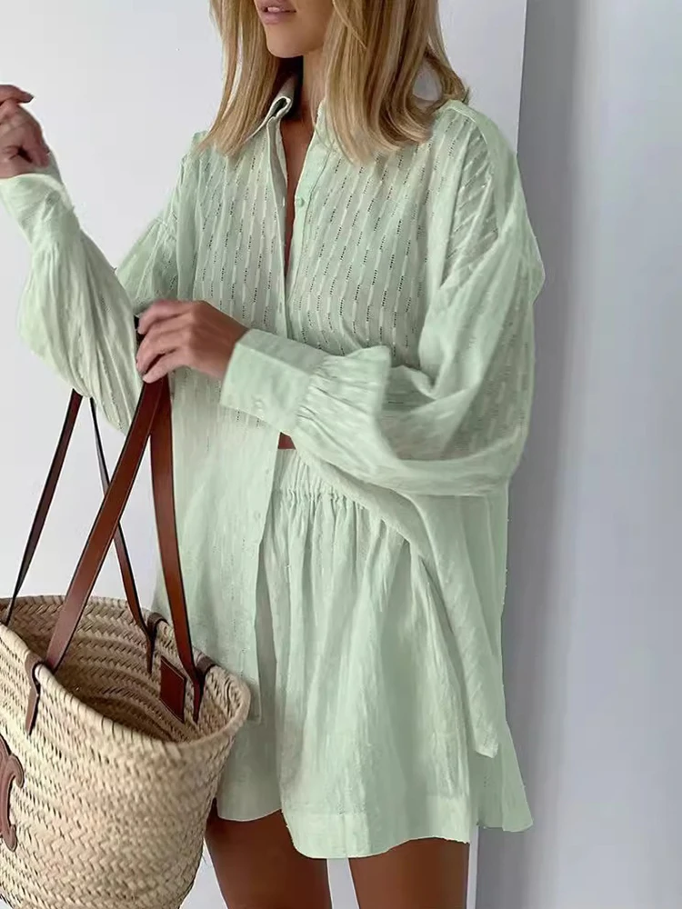 Женский элегантный повседневный костюм с длинным рукавом и шортами комплект из