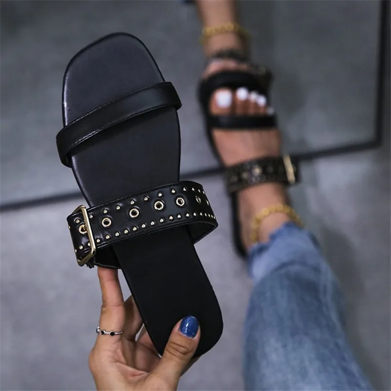 

Trend PU Leather Belt Buckle Women Slippers New Fashion Luxury Summer Style Outdoor Beach Sandal Female Flat Slides Size 36-43