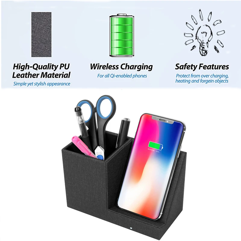 10w fast wireless charger with desk organizer qi certified fabric induction charging stand pen pencil holder for iphone android free global shipping