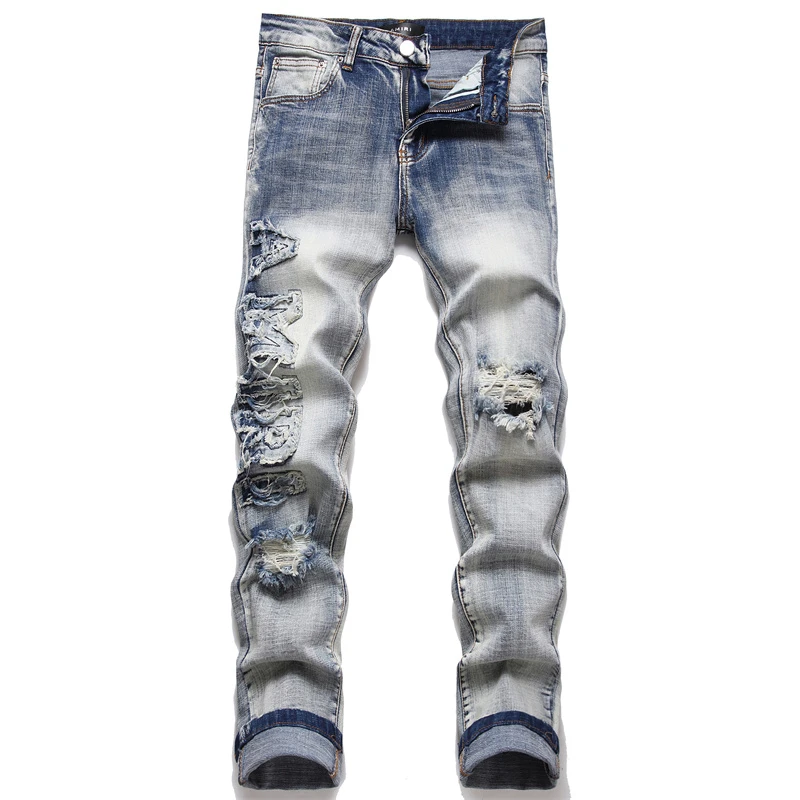 

Men Denim Jeans 2022 Autumn New Fashion Stretch Ripped Jeans Retro Blue Straight Leg Jeans Slim Pencil Pants Streetwear Men