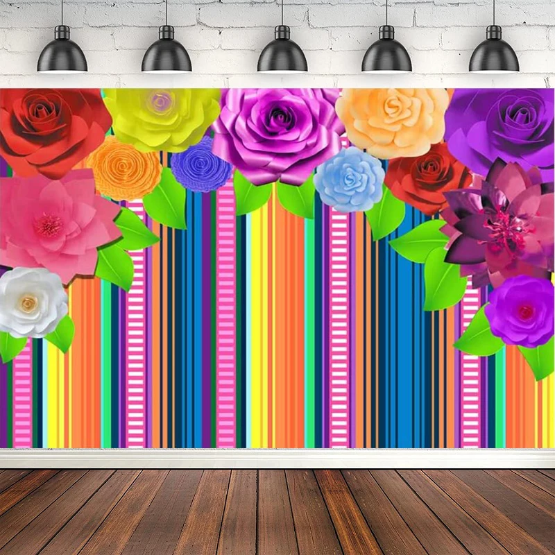 

Mexican Fiesta Theme Stripes Photography Backdrop Cinco De Mayo Colorful Paper Flower Banner Festival Birthday Party Background