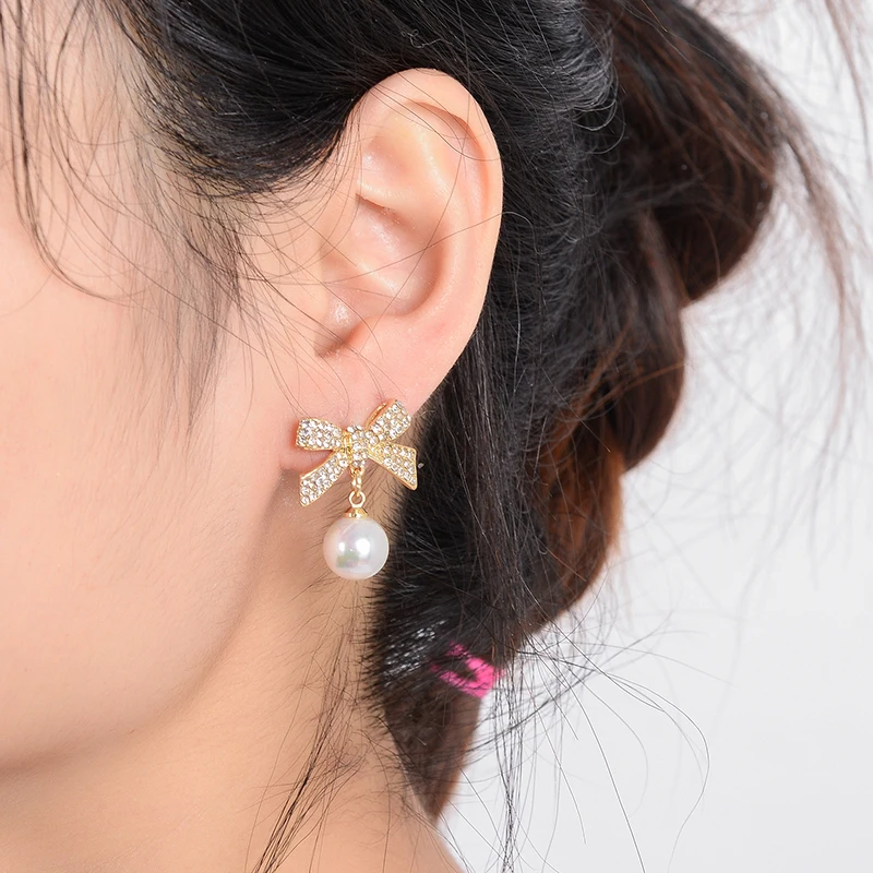 

Shineland Elegant Inlaid Zircon Bowknot Simulated Pearl Drop Dangle Earrings For Women Fashion Wedding Luxury Jewelry Best Gift