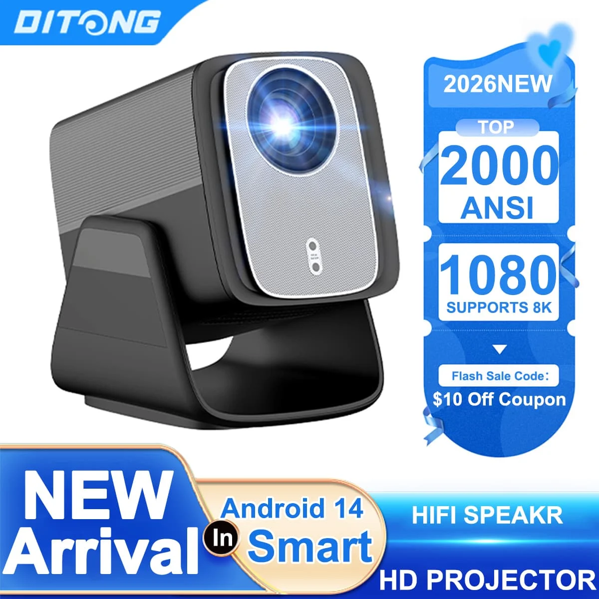 Фото Проектор DITONG HD с поддержкой Native 1080P, 4K, WIFI6, BT5.4, Android, мини-проектор, портативный LED-проектор для домашнего кинотеатра. №1