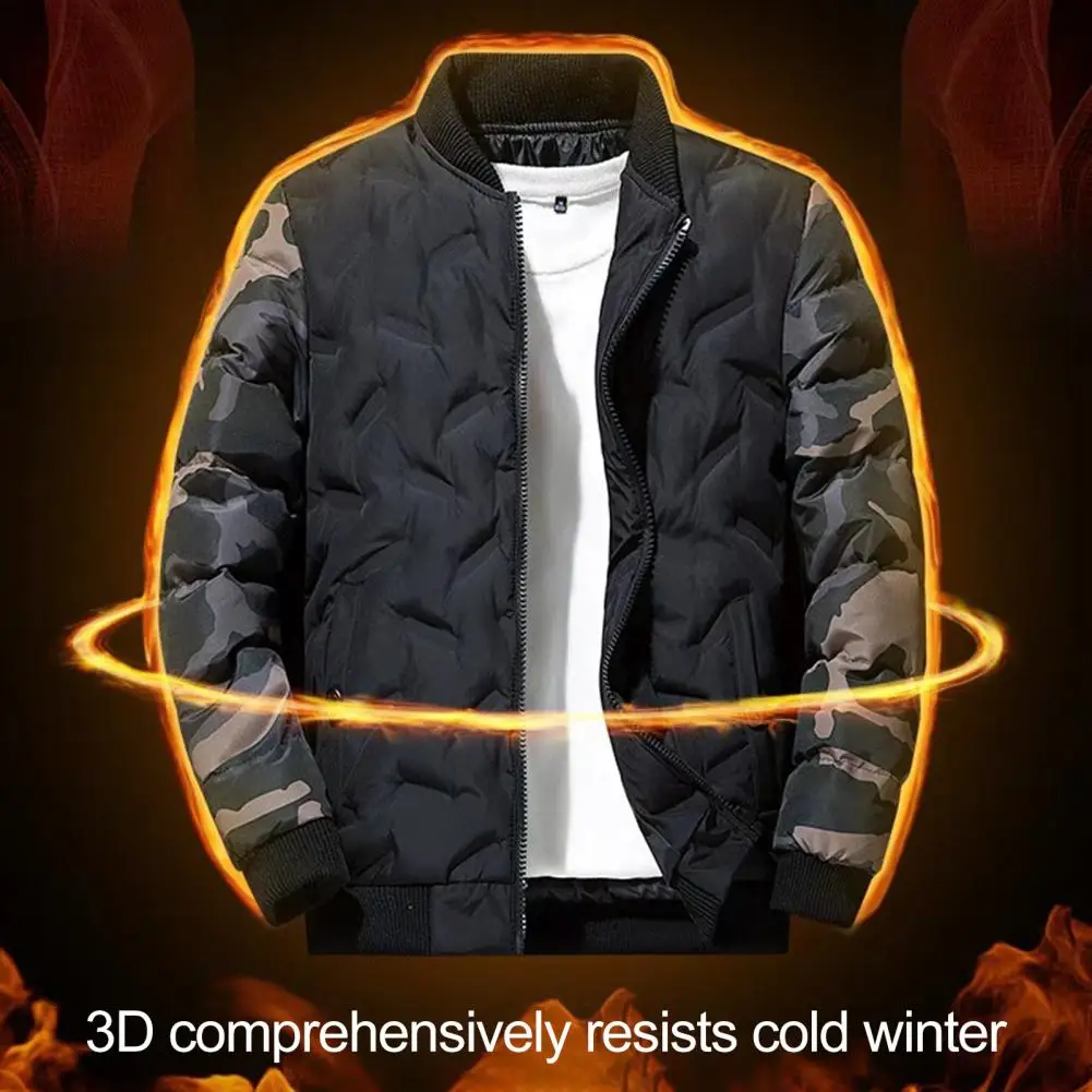 Winter Men Baseball Jacket Camouflage Patchwork Stand Collar Japanese Style Slim Fit Cotton Padded Outwear Coat Streetwear