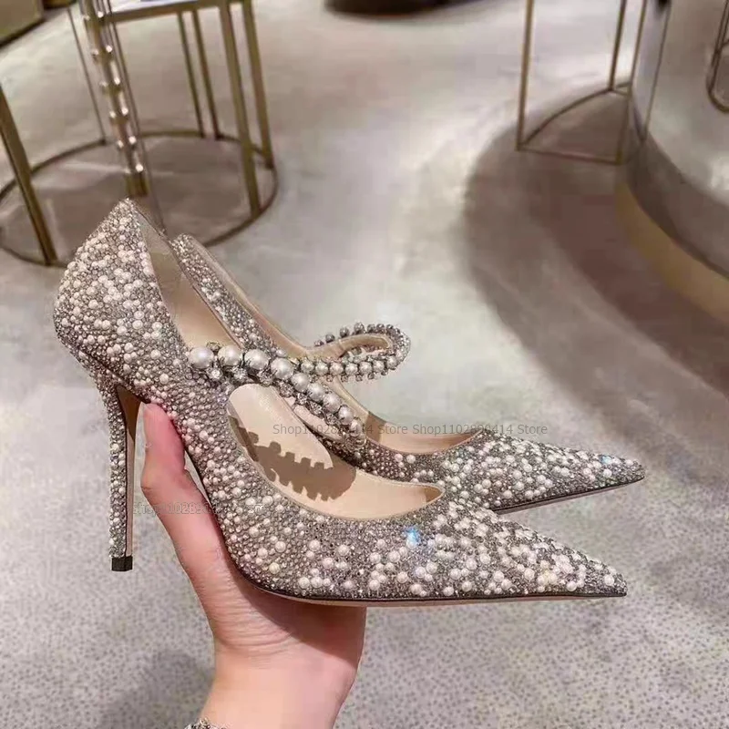 Туфли-лодочки женские с острым носком Декор хрустальный жемчуг ремешок на