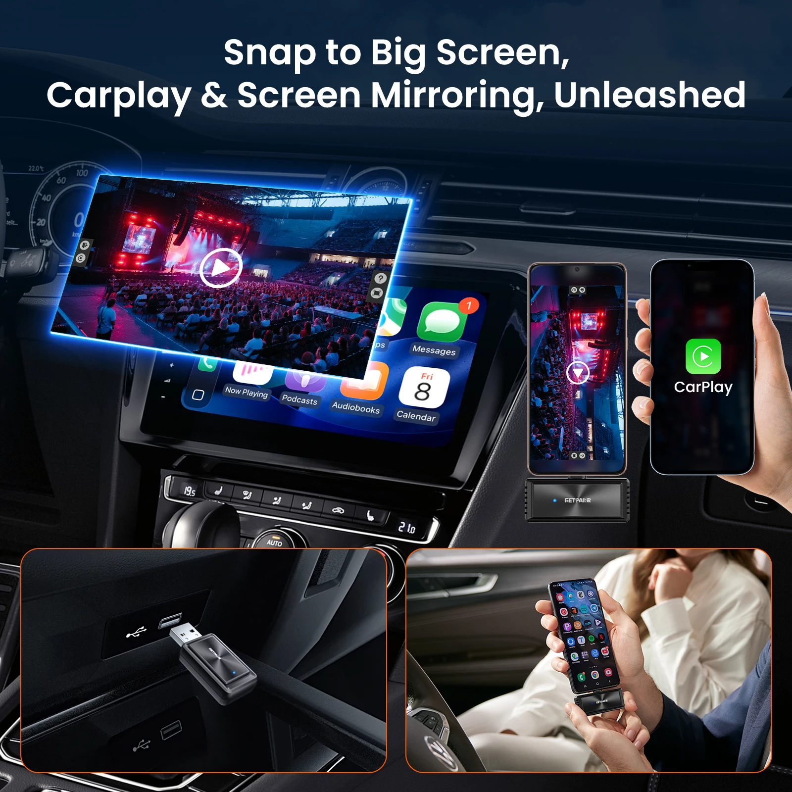 Фото GetPairr 2in1 Беспроводное зеркало для CarPlay и экрана телефона CarPlay Зеркало для телефона в автомобильный экран DP Зеркальное аудио синхронизация для VW №2
