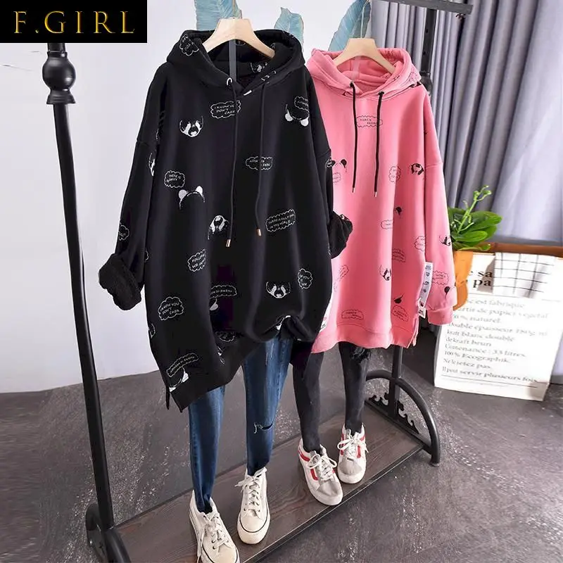 2022 New Large Size Plus Velvet Hoodies Women Loose Korean Style Autumn And Winter New Mid-length Thick Coat Women's Hooded Top