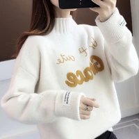 women loose casual plus velvet thickening knitted sweaters female sweet turtleneck sweater autumn letter print knitwear pullover