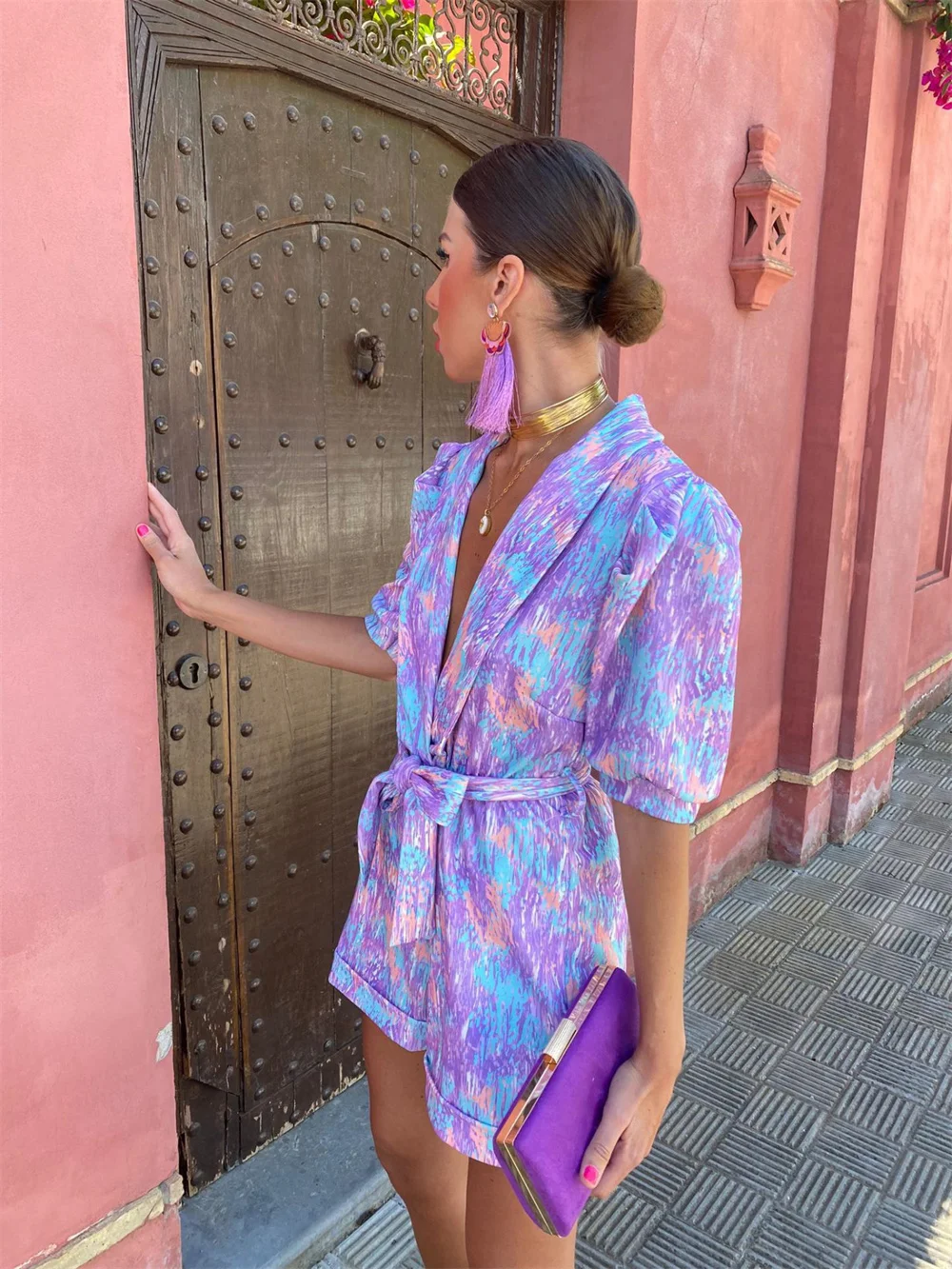 Women Print Deep V Neck Short Sleeve Jumpsuits 2023 Summer High Waist Belt Elastic Waist Pocket Shorts Rompers Outfit