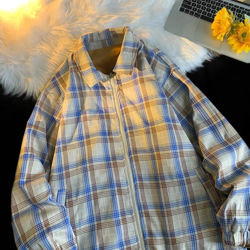 

Куртка мужская демисезонная клетчатая, свободная Красивая Повседневная Верхняя одежда в Корейском стиле, с двумя сторонами