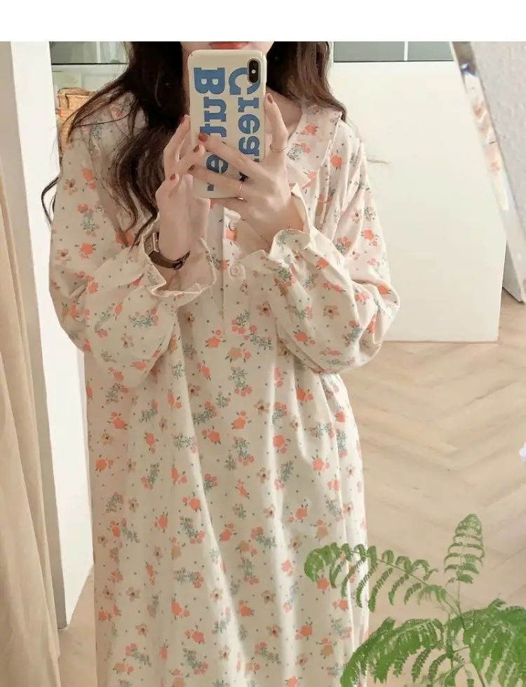 Yasuk Spring Autumn Women Casual Lovely Sweet Girl Pullover Nightdress Nightgown Pajamas Flower Gentle Lotus Sleeves Lace Soft