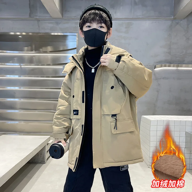 

Плотное ветрозащитное теплое зимнее пальто для детей средней длины Детская уличная куртка с хлопковой подкладкой для мальчиков