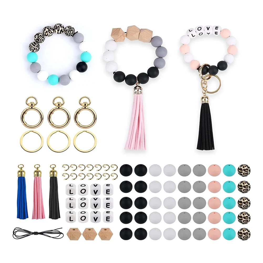 

84Pcs Silicone Beads Making Kit, Key Chain Accessories Bead Polygonal Wooden Beads for Key Chain Making DIY Craft