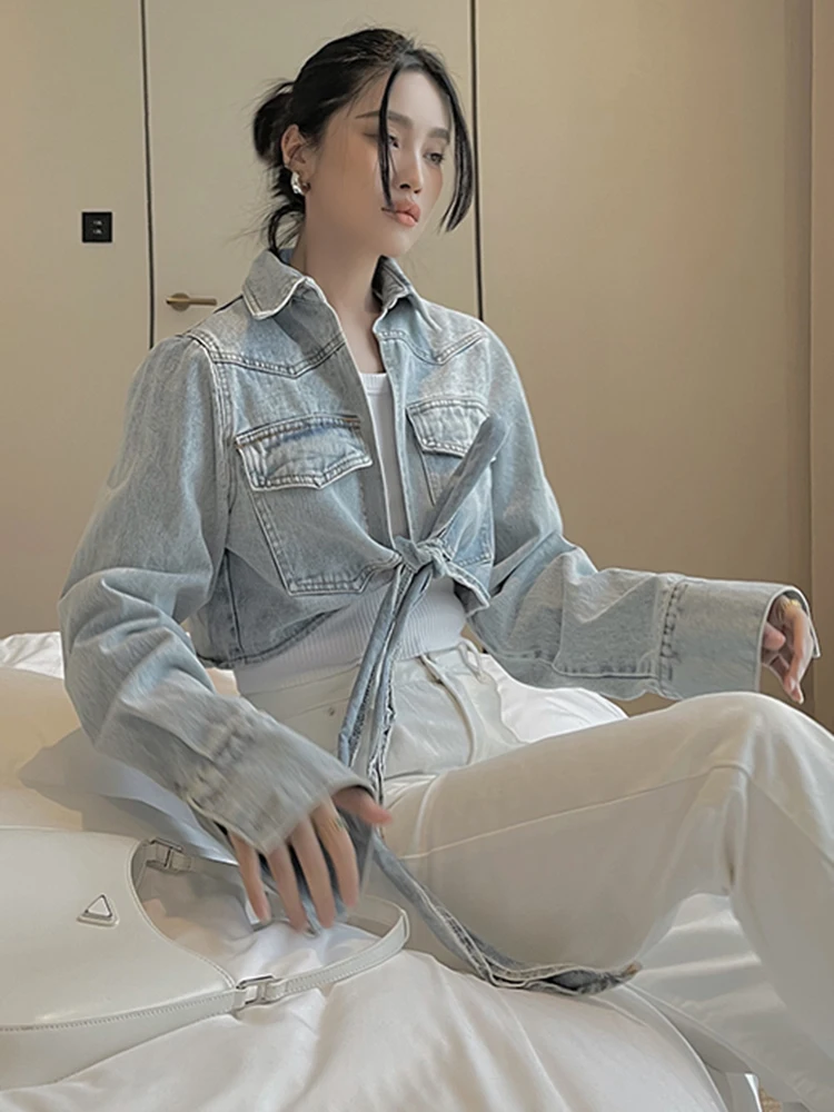 Женская джинсовая куртка twotwin2 на шнуровке повседневная короткая с отворотом и