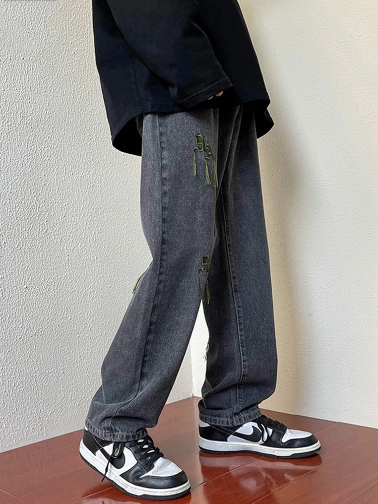 American Trend Vibe Style High Street Letter Embroidery Letter Straight Jeans Men's Street Wide-leg Trousers Luxury Men Clothing