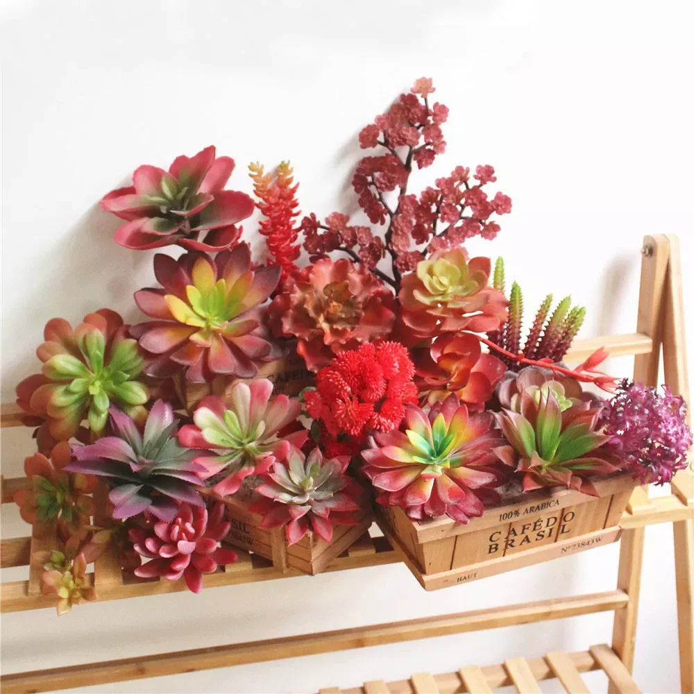 

39 Styles Red Artificial Succulents Plants Home Garden Bedroom Decoration Fake Plants Desktop Table Mini Bonsai Party Supplies
