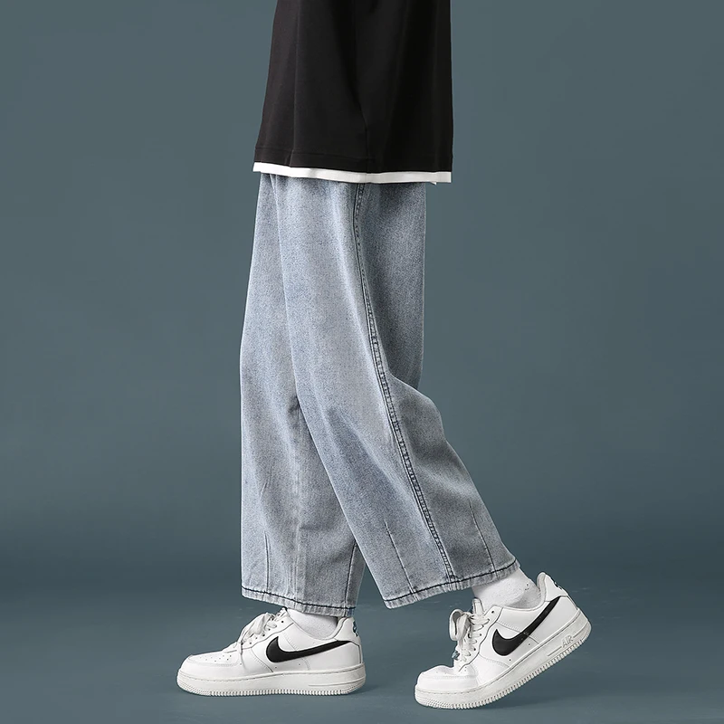 2022 Spring New Men's Baggy Denim Wide Leg Pants Korean Style Elastic Waist Stylish Harem Fit Jeans Skateboard Trouse Male Black