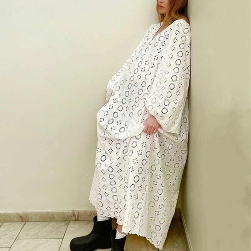 

Skal** Summer Women Maxi Dress Cotton White V-neck Hook Flower Hollow Long Sleeves Loose Ankle-length Dresses Party Vestidos