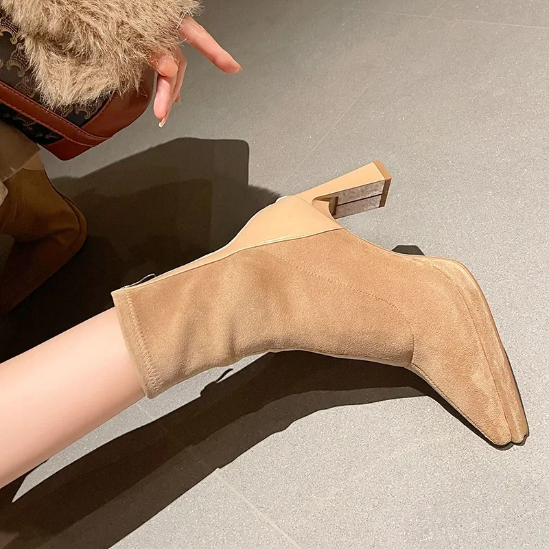 Женские эластичные ботинки винно-красного цвета в стиле ретро с острым носком