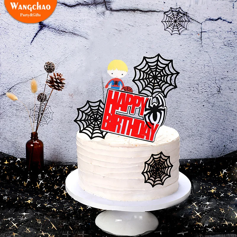 Spider Webs Spider Super Hero Party Theme Happy Birthday Cake Topper Boys Kids Favors Party Supplies Cake Decoration