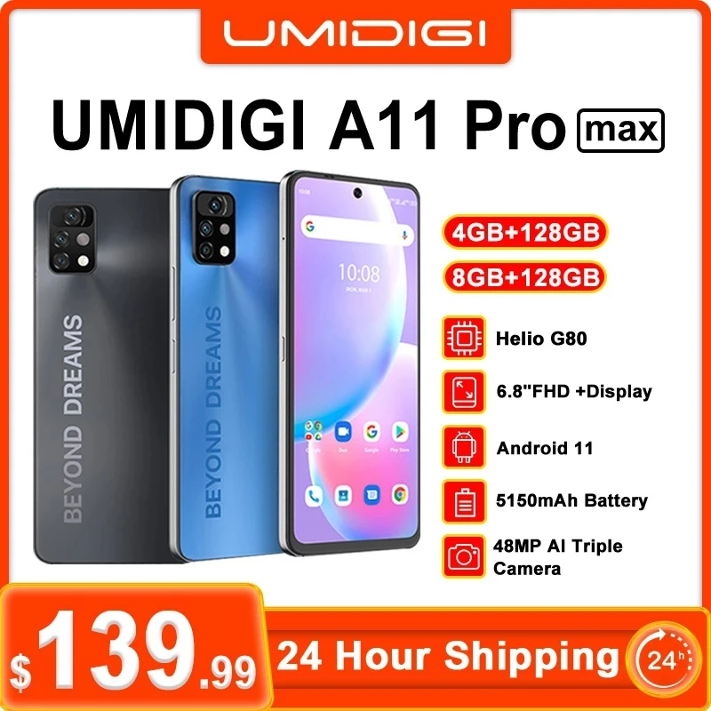 Смартфон UMIDIGI A11 Pro Max 4/8 ГБ + 128 6 8 дюйма FHD Helio G80 48 МП тройная камера с искусственным