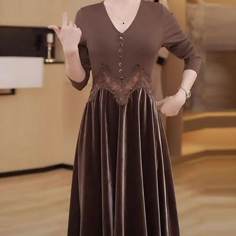 

Vintage Solid Color A-Line Dresses Female Clothing Elegant V-Neck Spring Autumn Lace Stylish Knitted Spliced Velvet Long Dress