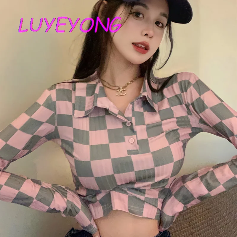 

Женский укороченный топ в клетку, Корейская шикарная Приталенная футболка в клетку в стиле Харадзюку, Весенняя женская футболка-поло с воро...