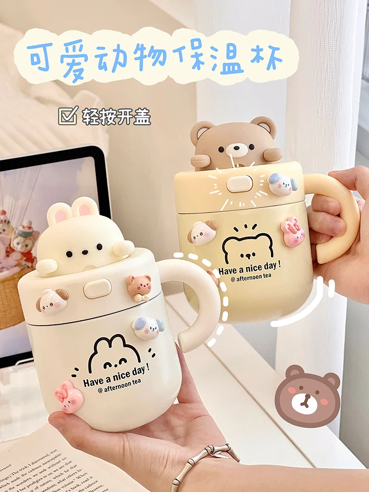 

Kawaii Медведь Кролик изоляционная чашка 304 кофе горячий/холодный напиток чашка молока чай термос с соломинкой для девушек офисная портативная бутылка для воды