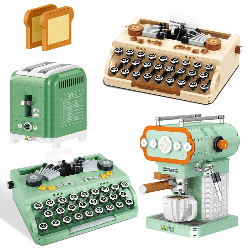 

Creative Micro Coffee Machine Retro Typewriter 3D Model Building Blocks City Moc Radio Bread Maker Walkman Mini Bricks Toys Gift