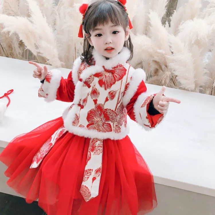 

Girls' New Han Style New Year's Dress Chinese Style Thickened Set Children's Tang Style Autumn And Winter Dress First Year Girl'