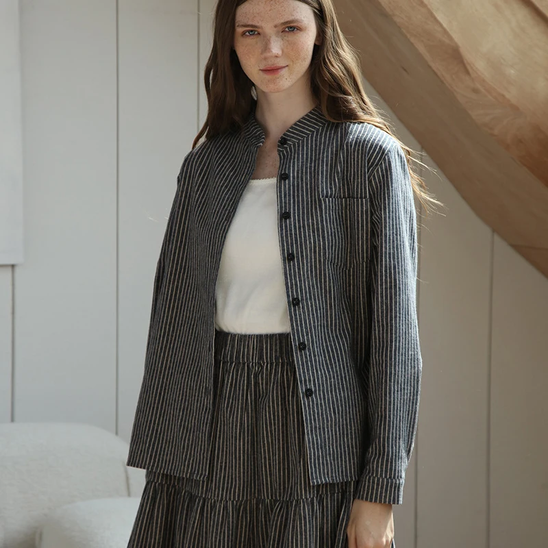 Женская винтажная рубашка в полоску Johnature хлопково-Льняная Свободная с