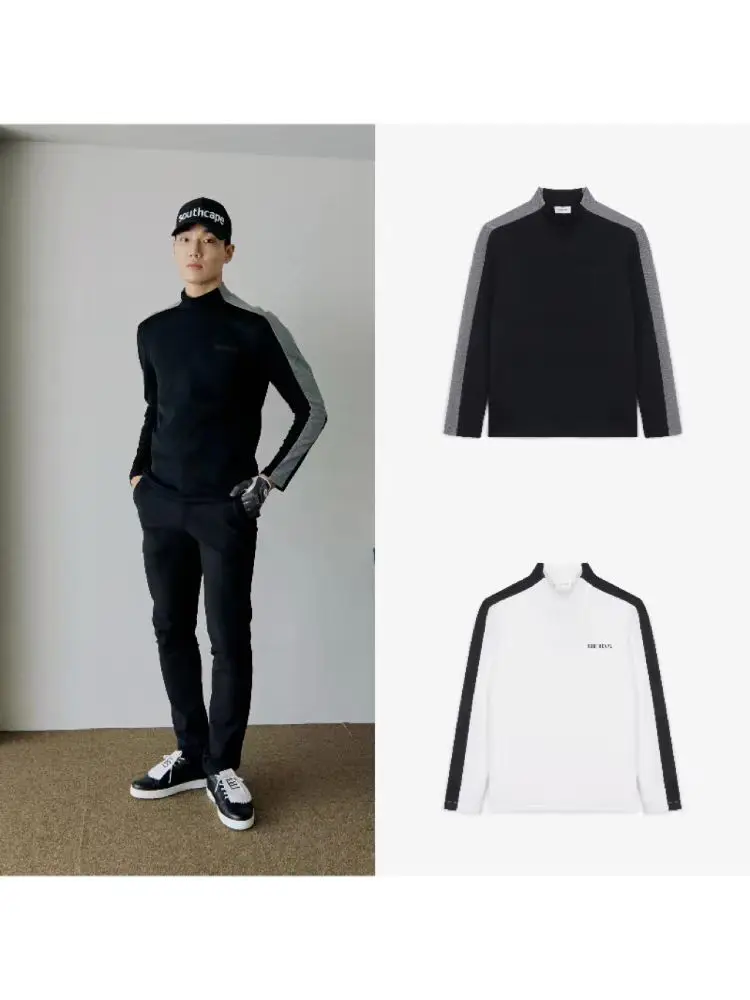 

South Korean Golf Apparel SOUTHCAPE Men's Autumn 23 Golf Logo Stand Neck Color Matching Long Sleeve T-shirt Top
