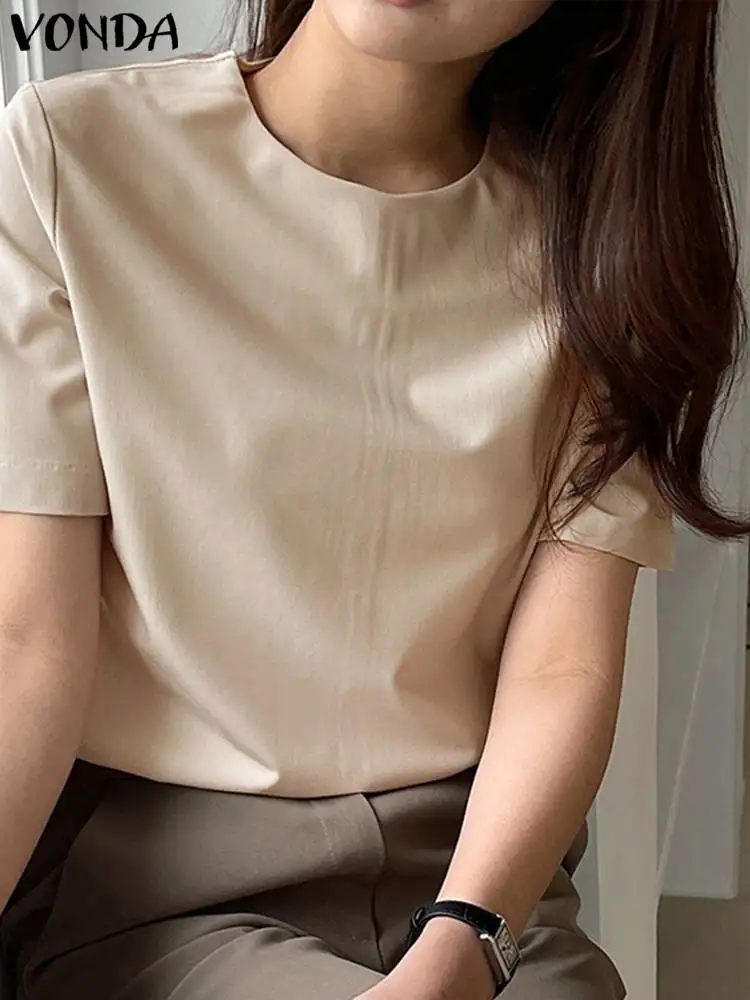

Модная женская летняя однотонная объемная рубашка VONDA с круглым вырезом для вечерние, женские повседневные блузки, топы, женские большие ра...