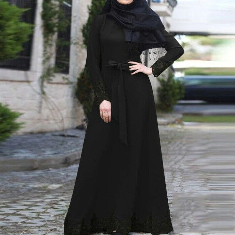 2022 Ramadan Black Lace Stitching Abayas Belt Modest Abayas for Female Middle Eastern Style African Women's Elegant Dress