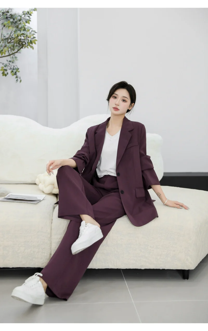 2023 Spring Purple Blazers Wide-leg Pants Suits Clothing Suit for Women Korean Style Casual Loose Two Piece Set Office Lady Wear