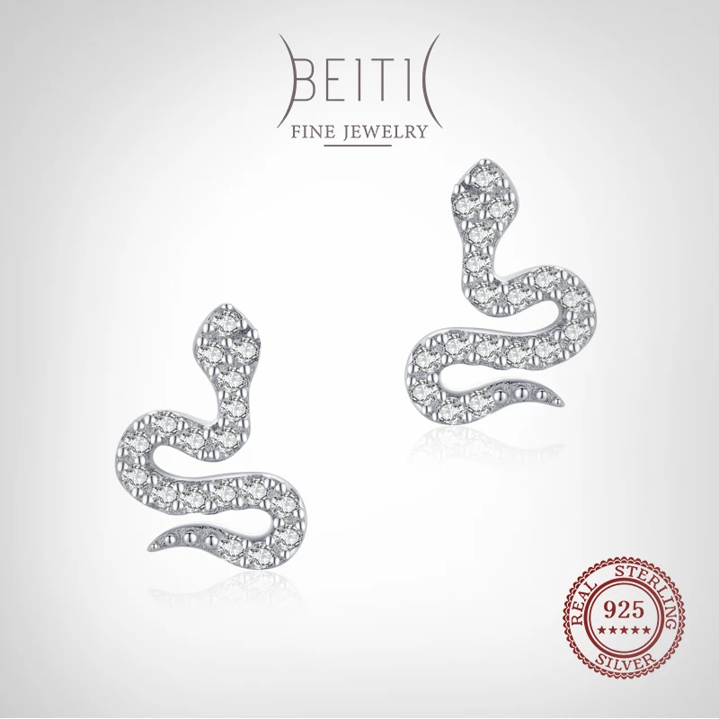 

Beitil 100% 925 Sterling Silver Snake Animal Stud Earrings For Fine Female Fashion Sparkling Zircon Jewelry