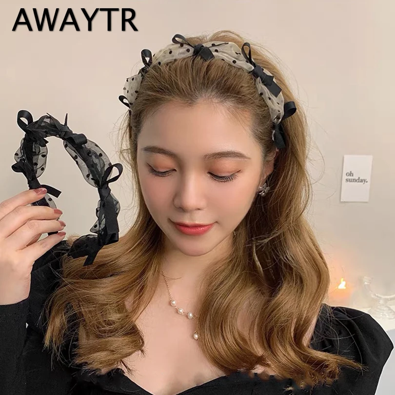 

AWAYTR Retro French Net Yarn Dot Headband Lace Bow Hairband for Women Bowknot Hair Ties Band Hoop Hairbands Girls Headdress