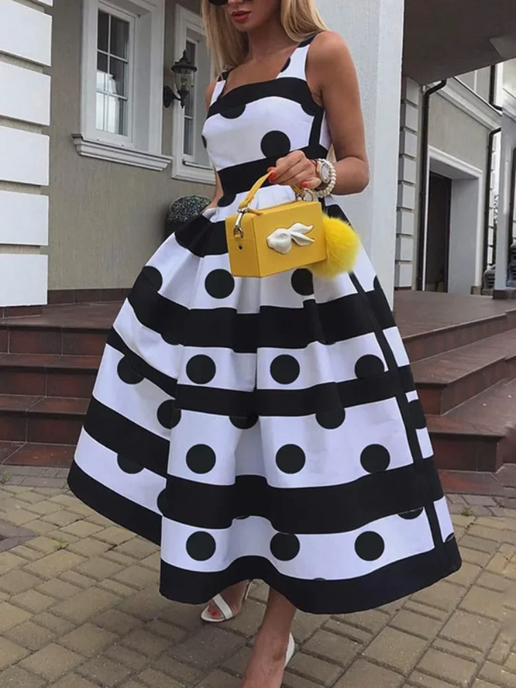 

Lemongor Female England Style Polka-Dot Square-Neck Elegant Party Dress 2023 Summer Sleeveless A-line Midi Dresses For Women
